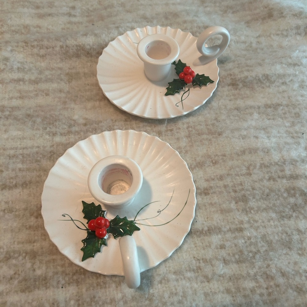 Holt Howard White Ceramic Candle Holders with Holly Design